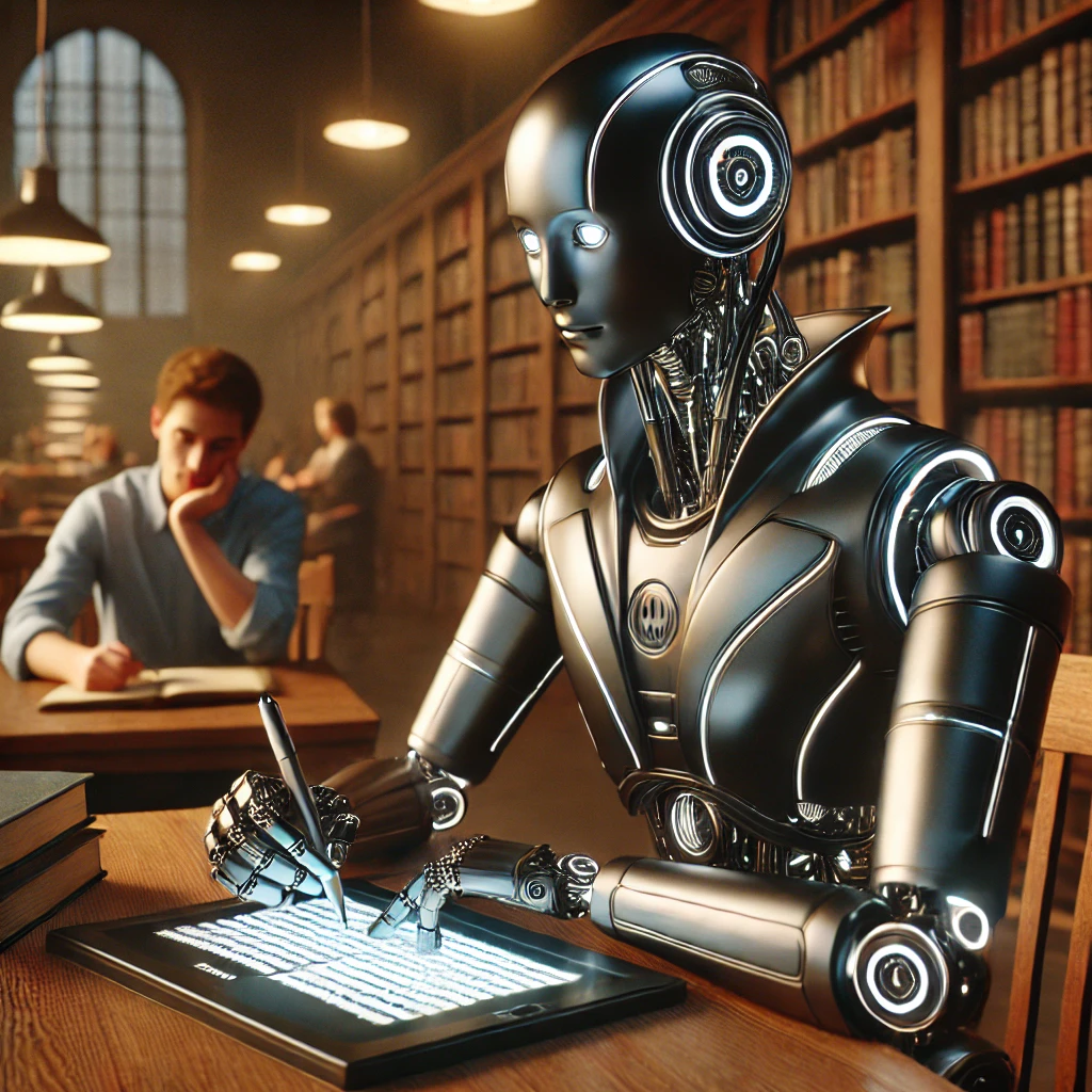 A metallic robot writes an essay for a student in a library