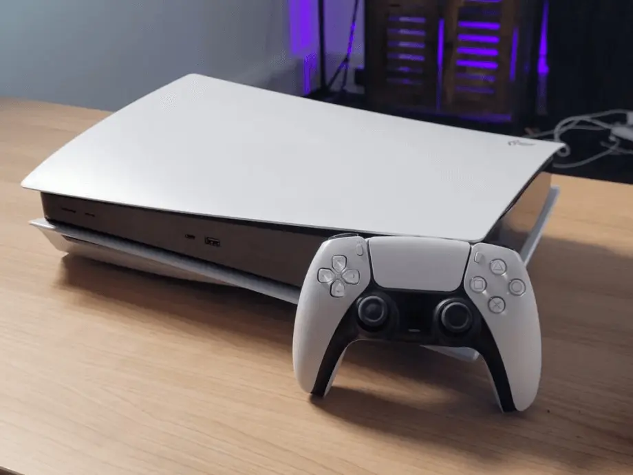 PlayStation 5 Pro video game console sitting on a desk