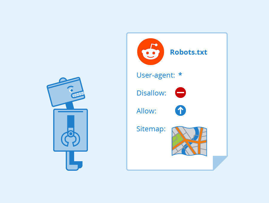 A blue robot looks at a text file titled Robots.txt, with a Reddit logo